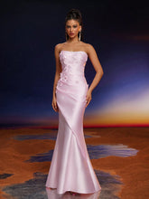 Anymoon Strapless 3D Hand Floral Ruffle Trim Mermaid Bridesmaid Dress